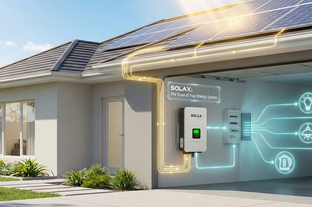 SolaX solar inverter installed in a garage acting as the homes energy brain.