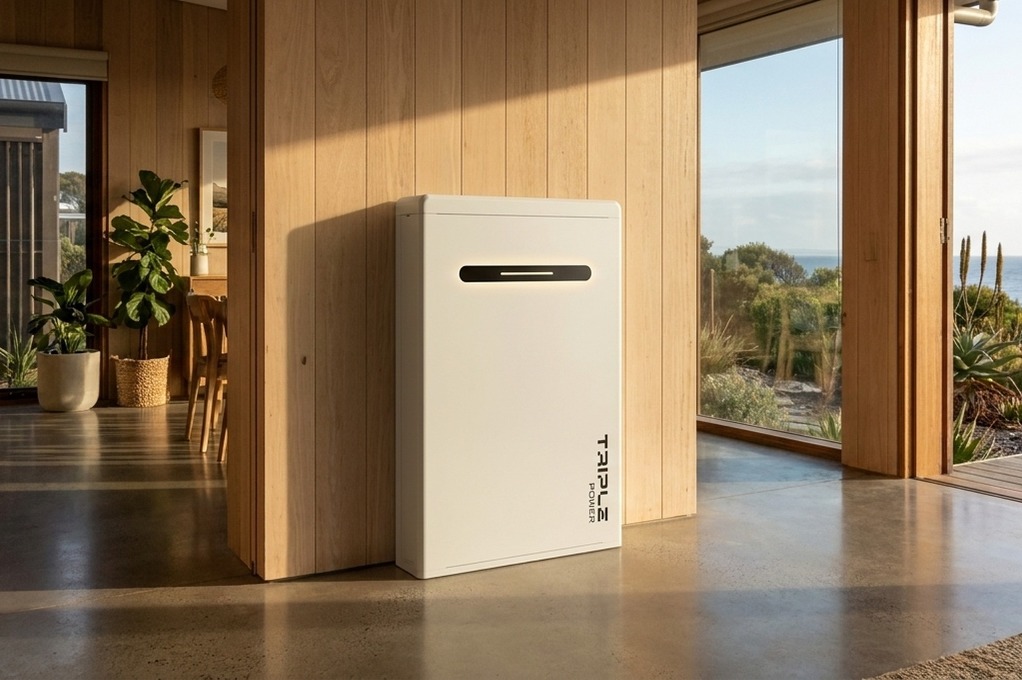 Triple Power battery unit on a polished concrete floor in a sunlit timber interior with coastal scrubland visible through large windows.