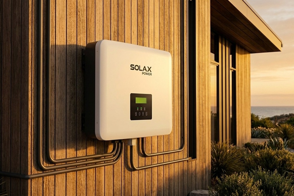 Close-up of a SolaX Power inverter with green LCD display on a warm timber wall at sunset.