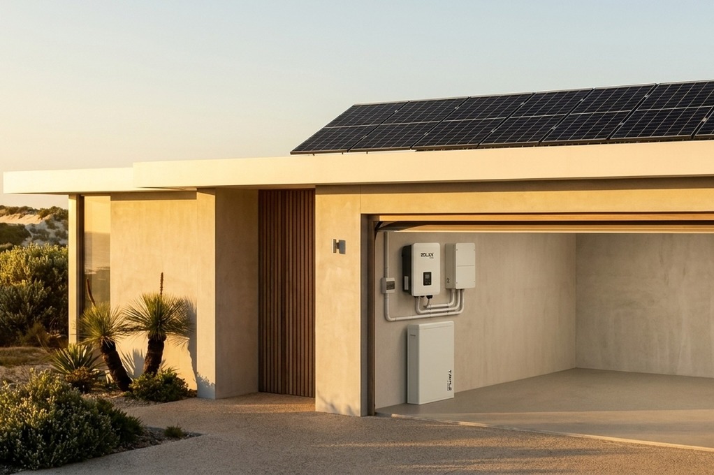 SolaX Power inverter paired with a Triple Power battery unit on a garage wall, solar-panelled roof and coastal scrubland visible at golden hour.