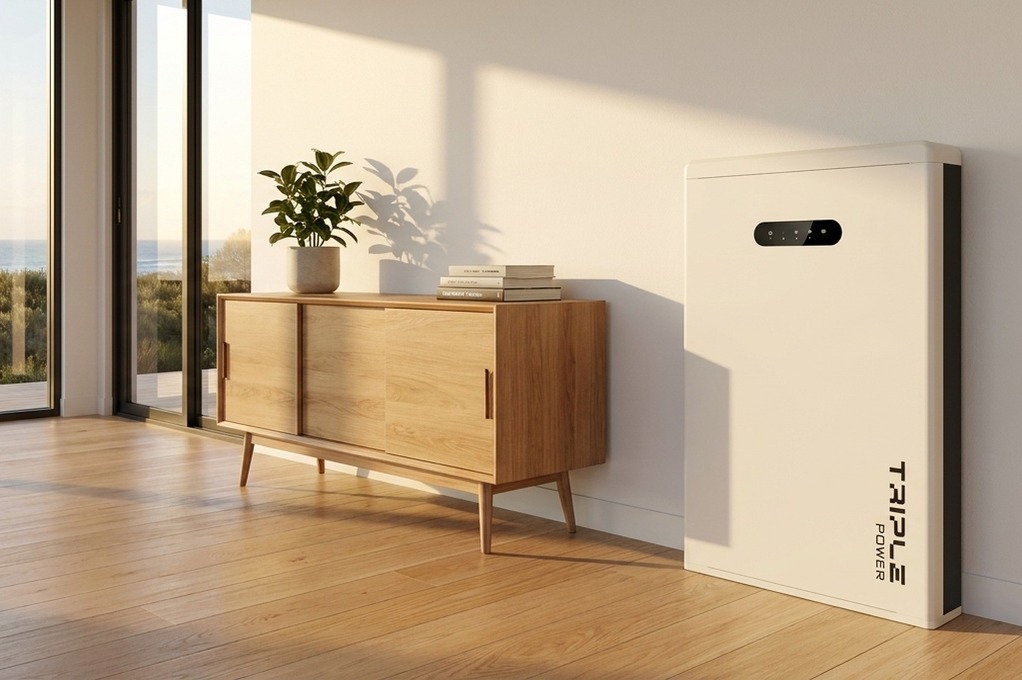 Triple Power battery mounted against a white interior wall beside a timber sideboard with a potted plant, coastal ocean view in background.