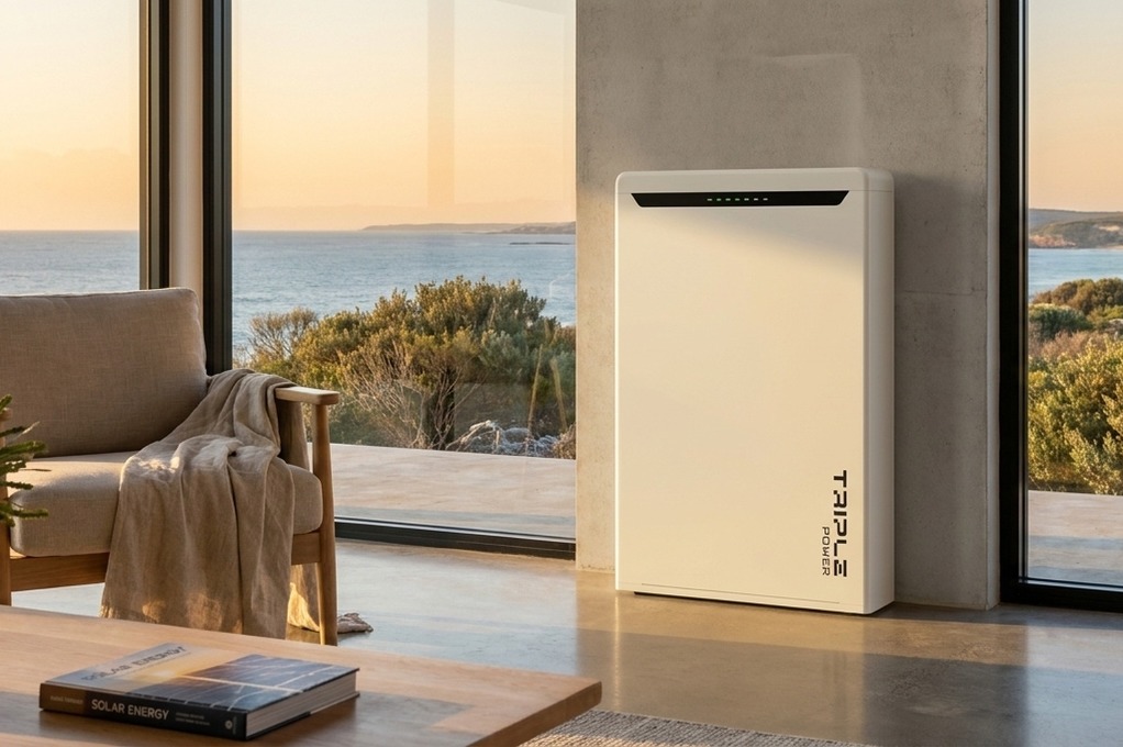 Triple Power battery on a polished concrete floor against a concrete wall with golden-hour coastal views through floor-to-ceiling glass.