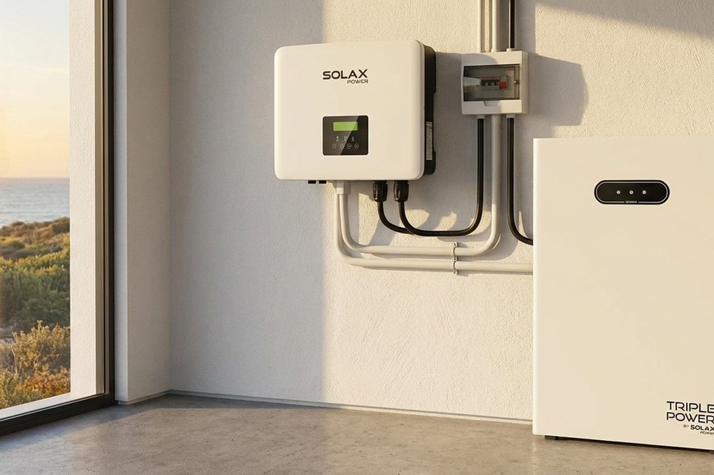 Close-up of a SolaX Power inverter mounted on a rendered interior wall in bright sunlight.