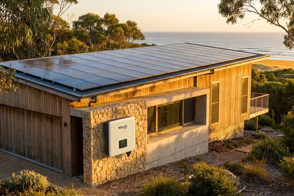 SolaX Power inverter mounted on a stone exterior wall of a timber home, solar panels covering the roof above at sunset.
