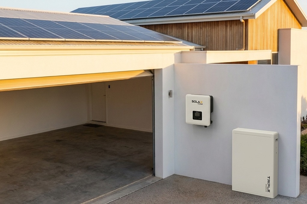 SolaX Power inverter above a Triple Power battery on a white render wall beside an open garage, golden hour sunlight.