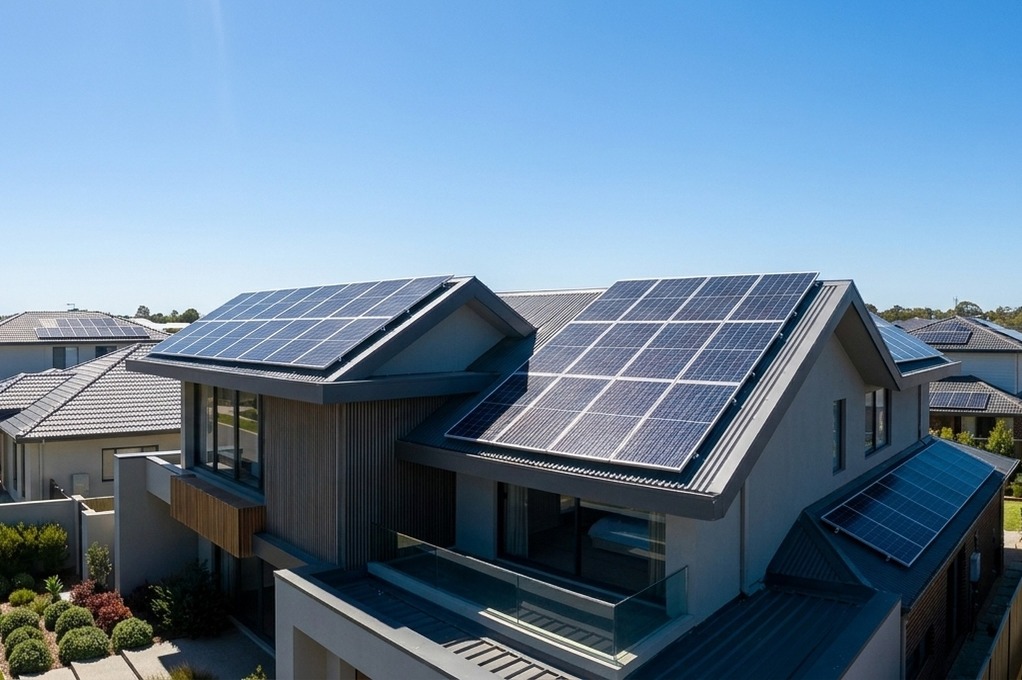 Drone close-up of solar panels covering the dual-pitched roof of a modern two-storey suburban home under a clear blue sky.