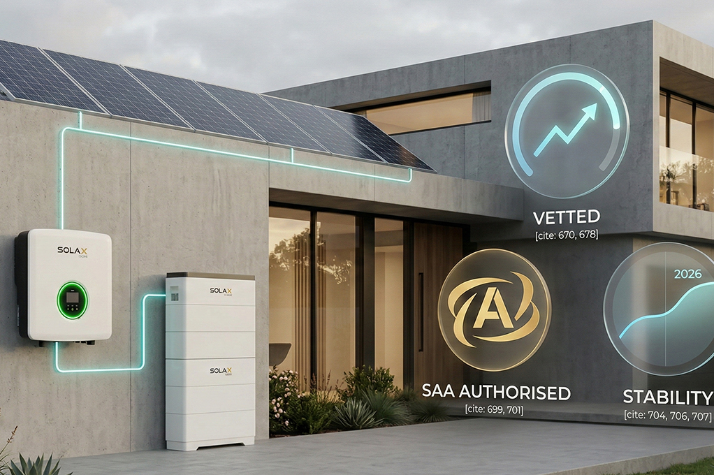 Solar Victoria authorised solar installers Melbourne checking a SolaX hybrid inverter installation.