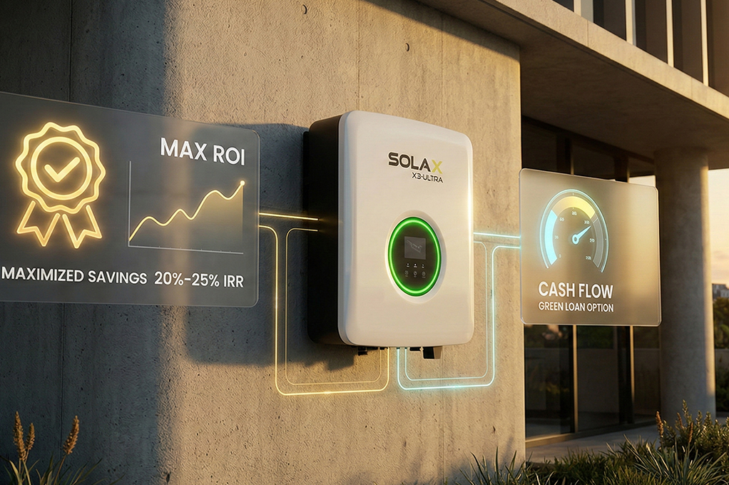 SolaX X3-ULTRA inverter and commercial solar financing ROI graphics.