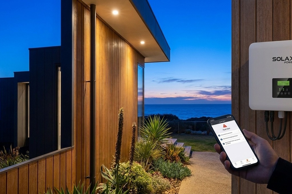 Hand holding a smartphone with SolaX fault alert notification next to a wall-mounted SolaX Power inverter at twilight with ocean in background.