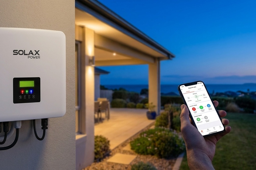Man holding a smartphone showing the SolaX app beside a wall-mounted SolaX Power inverter with green and blue LED status lights illuminated at dusk.
