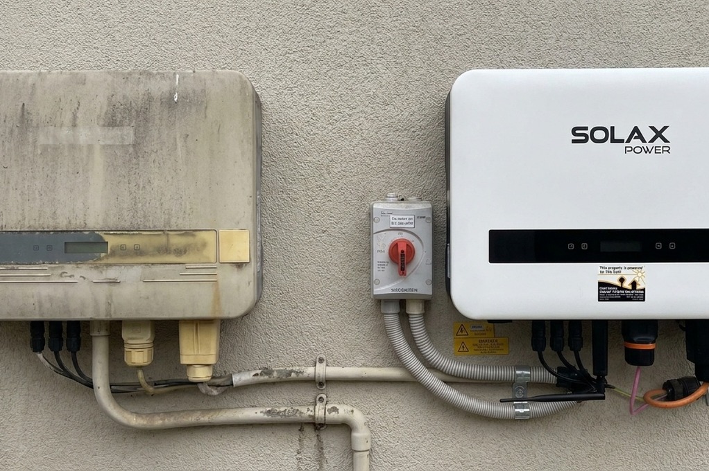 Close-up of a dirty aged inverter next to a clean white SolaX Power inverter on a render wall, with red isolator switch between them.