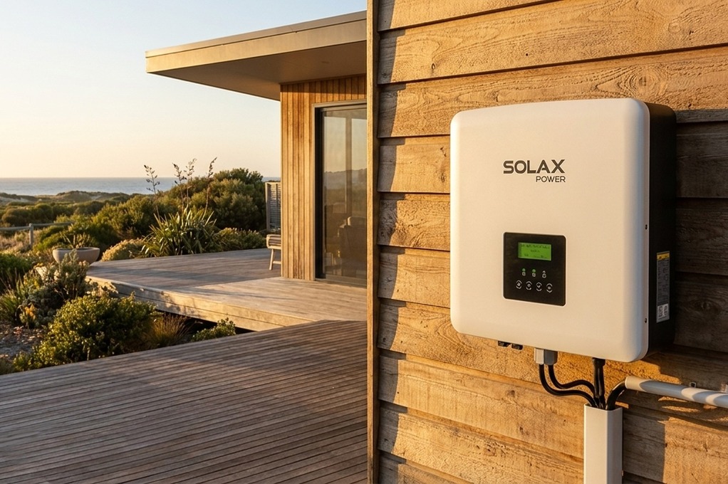 SolaX Power inverter close-up on a rustic timber wall with green LCD active, coastal deck and scrubland in the background at golden hour.