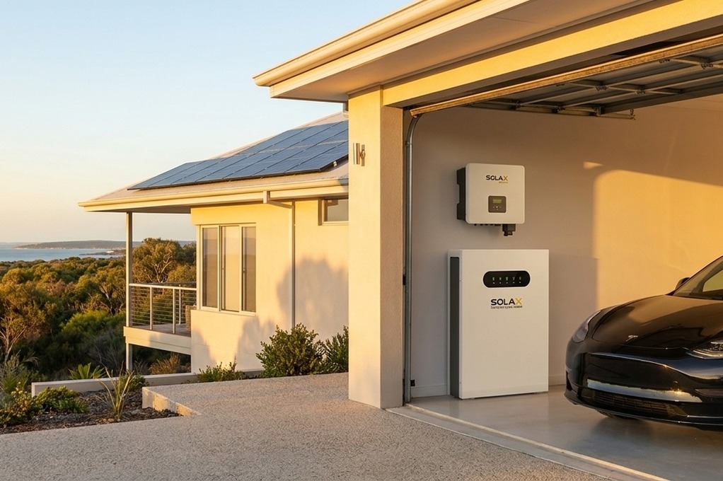 SolaX Power inverter and SolaX battery installed side by side in a garage wall, EV partially visible at right in golden light.