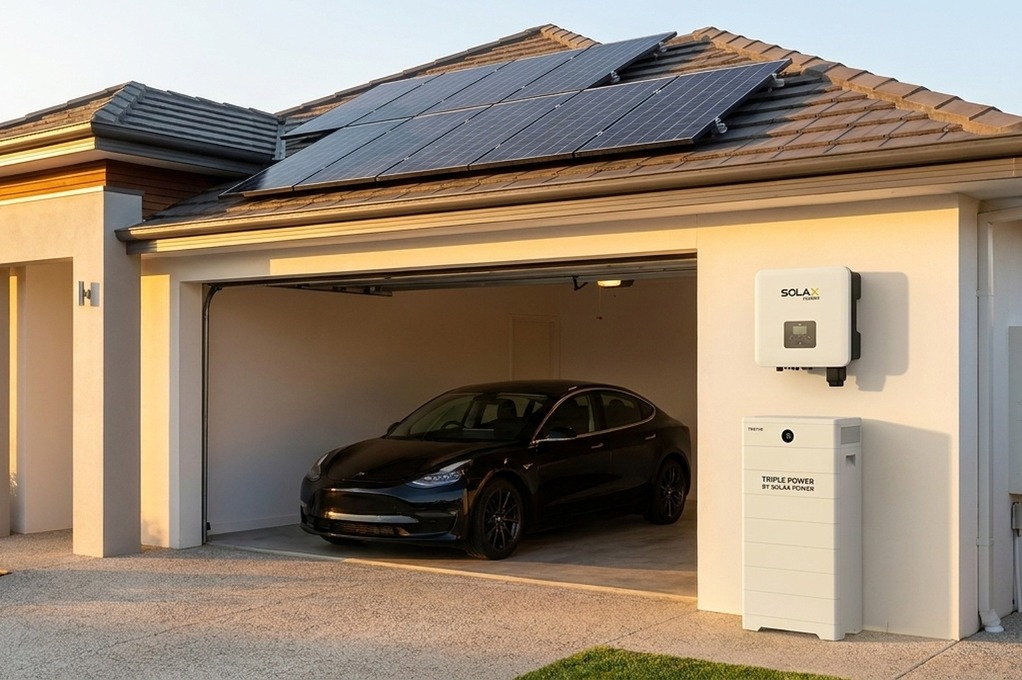 SolaX hybrid inverter and Triple Power battery mounted on a garage wall beneath rooftop solar   panels, the X1-Hybrid vs X3-Hybrid choice