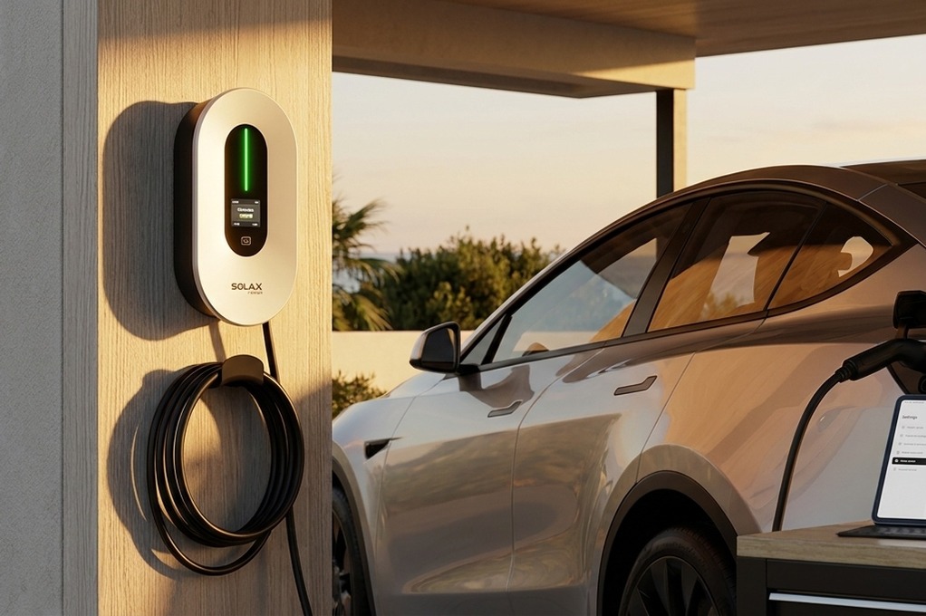 Close-up of a SolaX EV charger with its cable coiled, charging an electric vehicle beside a   laptop open to the setup guide