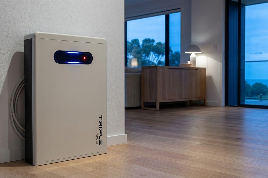 Close crop of a SolaX Triple Power home battery on an interior wall with its   status LED lit, checked for a battery communication fault
