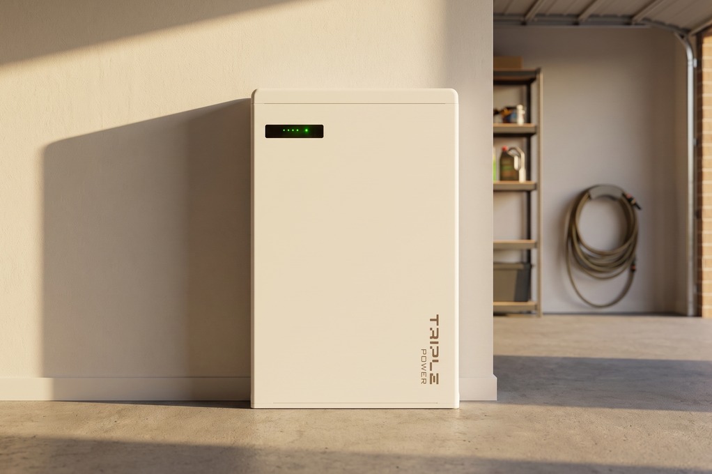 SolaX Triple Power home battery standing in a garage in warm afternoon light