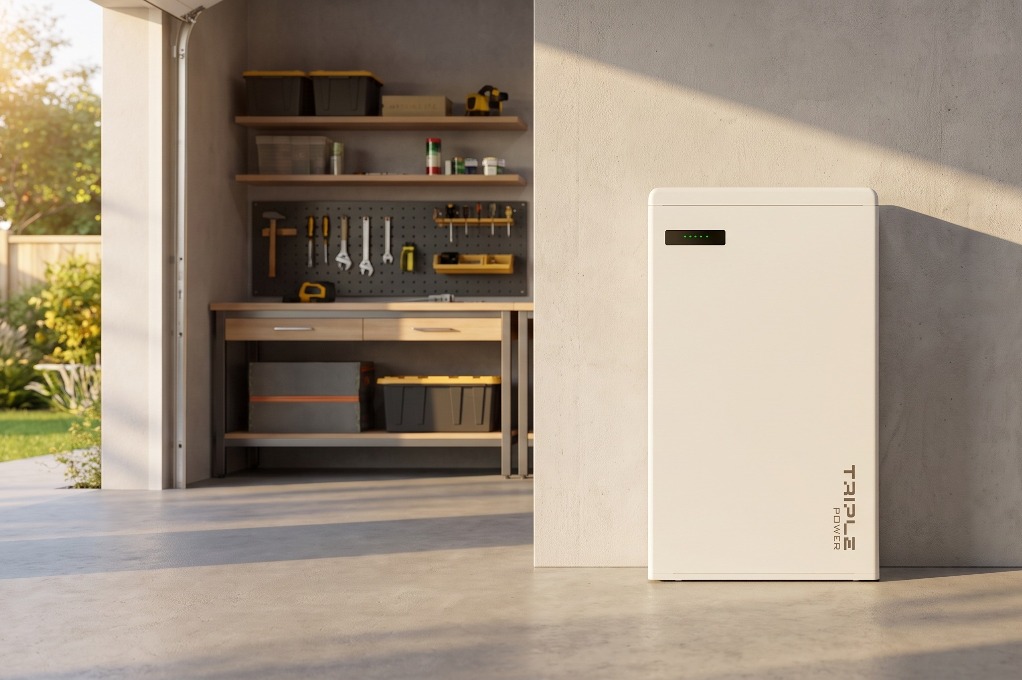 SolaX Triple Power home battery standing in a garage workshop in warm afternoon light