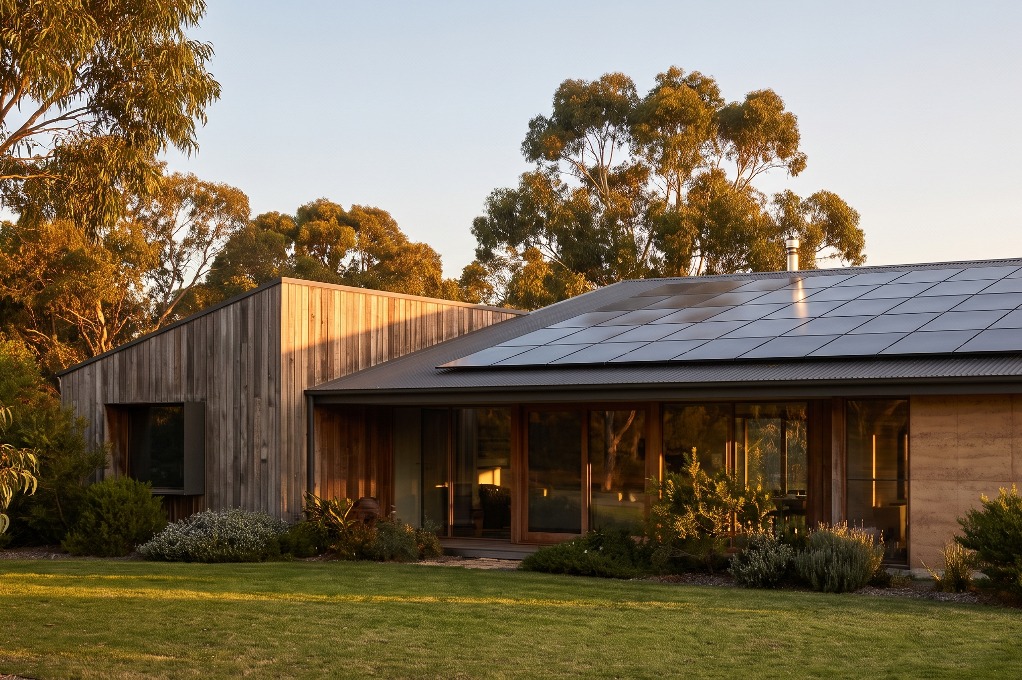 Modern Australian home with rooftop solar panels at golden hour