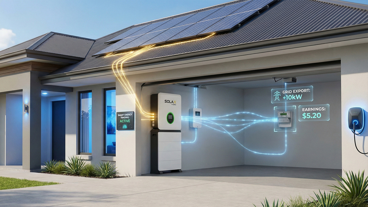 SolaX X3-IES hybrid energy system on a modern Australian home, showing integrated EV charging and 10kW flexible grid exports.