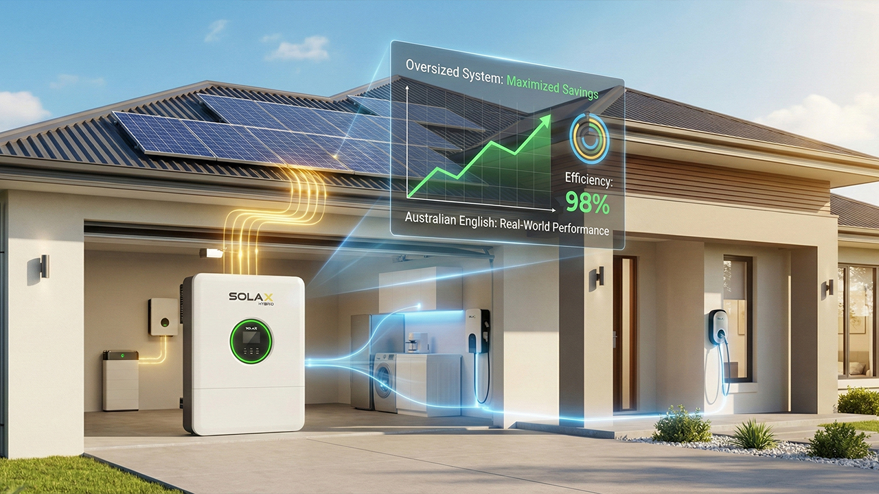 SolaX hybrid inverter system on a modern home showing 98% efficiency and optimized energy flow for EVs and appliances.