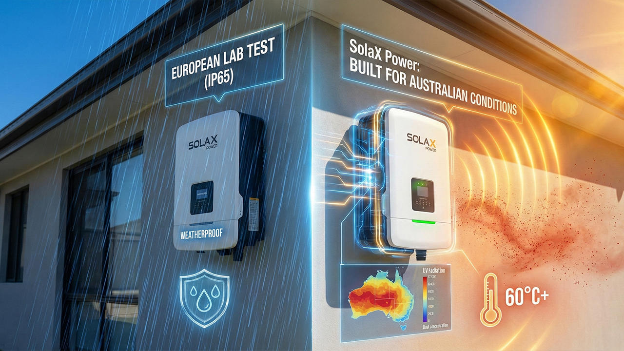 SolaX IP66 inverter installed on a shaded exterior wall, demonstrating protection against Australian UV radiation and 60°C+ heat. SolaX IP66 inverter installed on a shaded exterior wall, demonstrating protection against Australian UV radiation and 60°C+ heat.