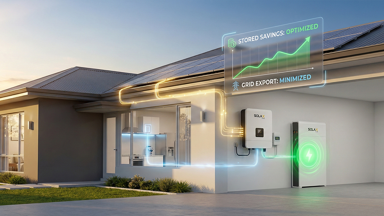 SolaX hybrid inverter and battery system installed on a home, showing optimized stored savings and minimized grid export. SolaX hybrid inverter and battery system installed on a home, showing optimized stored savings and minimized grid export.