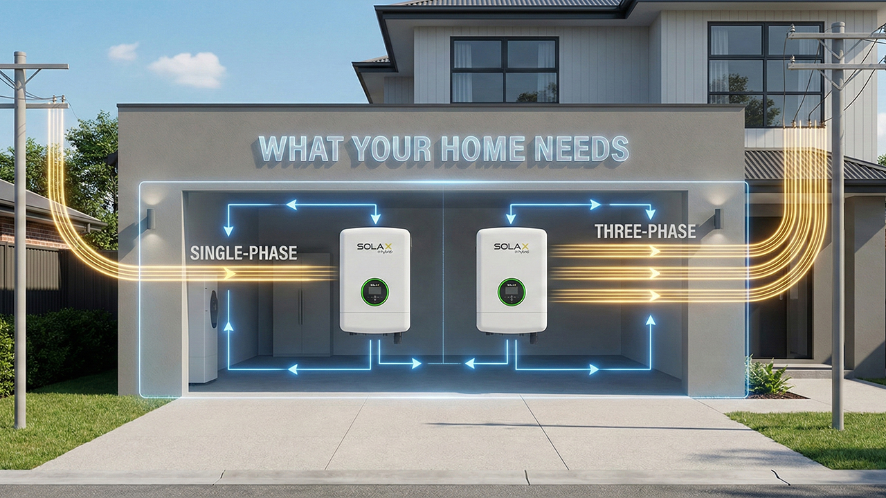 Diagram comparing single-phase and three-phase SolaX hybrid inverters installed in a modern garage with grid connections.