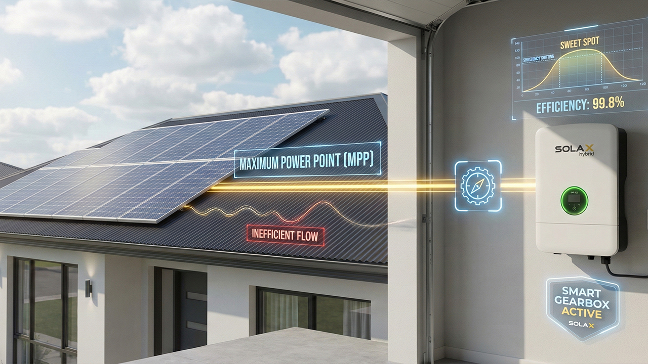 SolaX hybrid inverter showing MPPT "smart gearbox" tracking the 99.8% efficiency sweet spot on a home solar system.