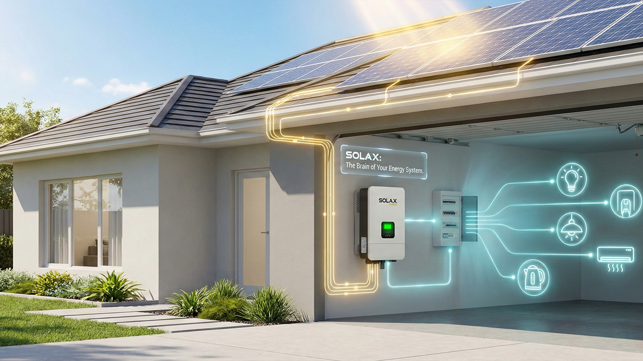 SolaX solar inverter system diagram showing the conversion of roof panel energy into home AC power.