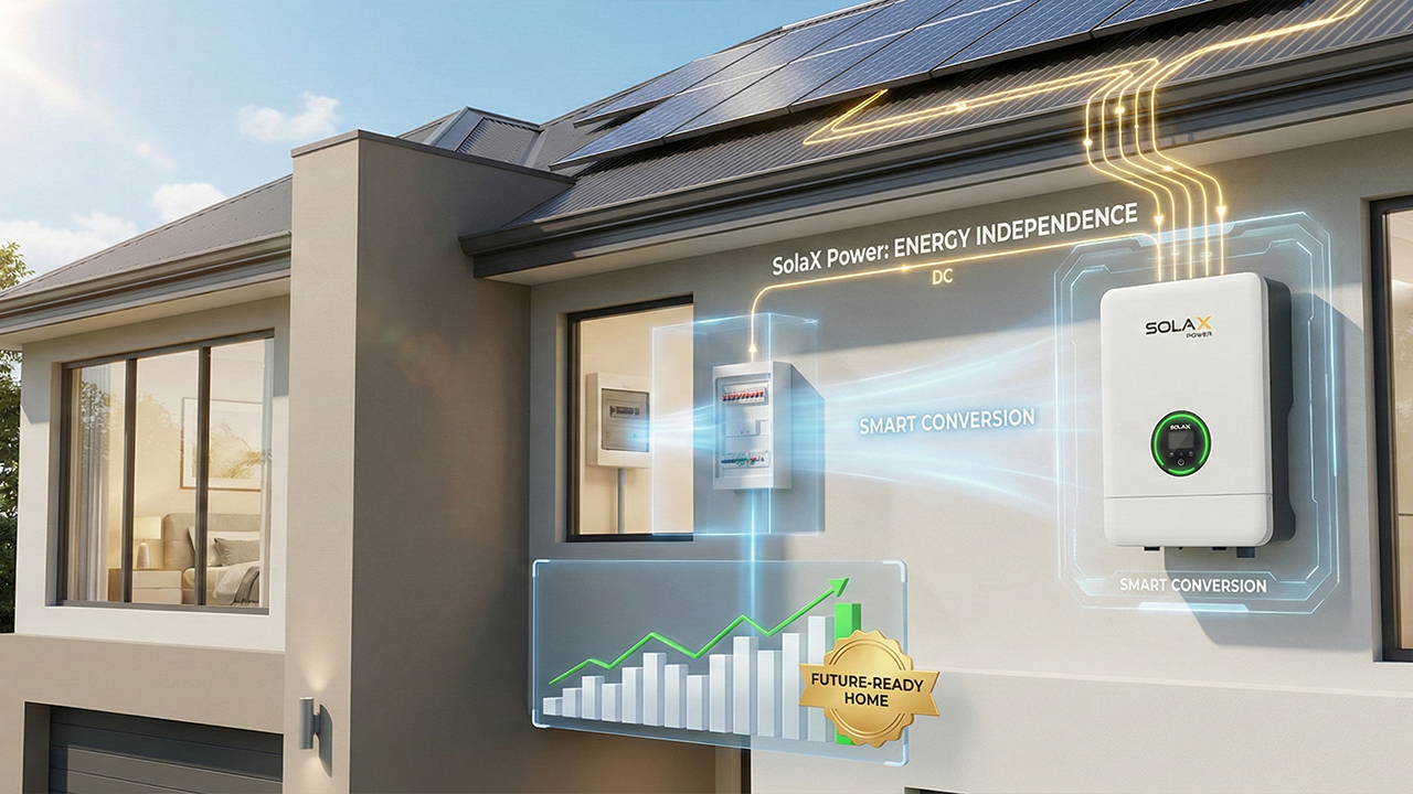 Diagram comparing hybrid, string, and micro inverters showing solar panels connecting to a SolaX hybrid inverter and home battery.
