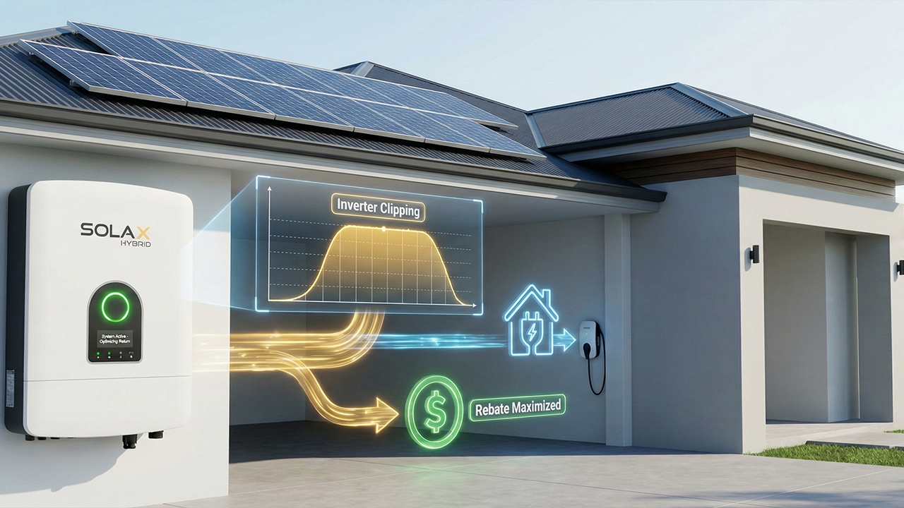 SolaX hybrid inverter monitoring app displaying a flat-topped "clipped" production curve during a perfect sunny day in Australia.