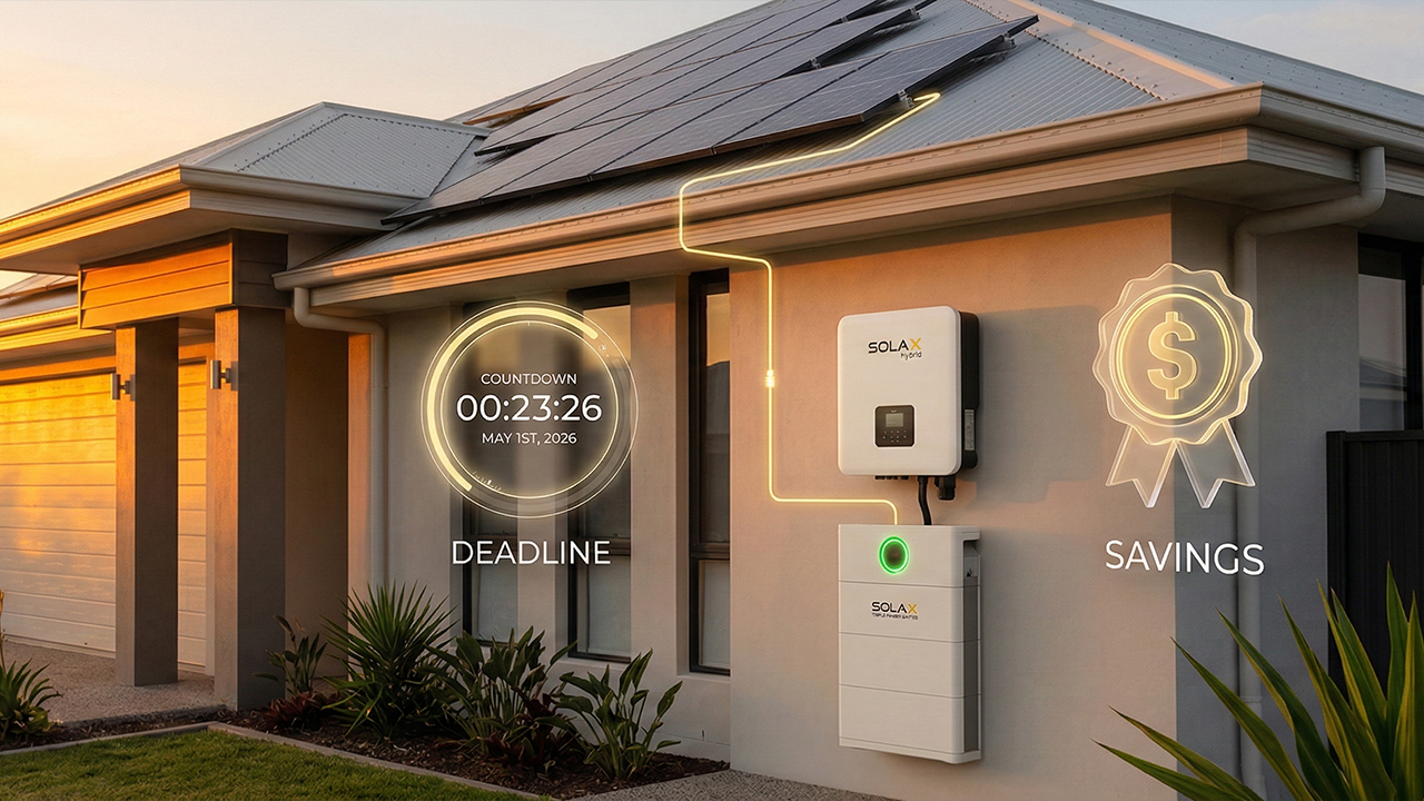 Homeowner checking the urgent May 1st deadline for Queensland solar rebates on a digital calendar.