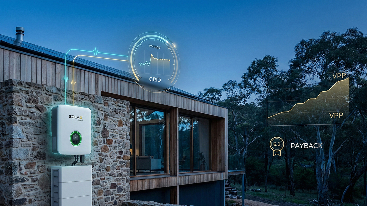 A SolaX hybrid system installed on a regional Victorian home, featuring a Gen 4 inverter and Triple Power LFP batteries.