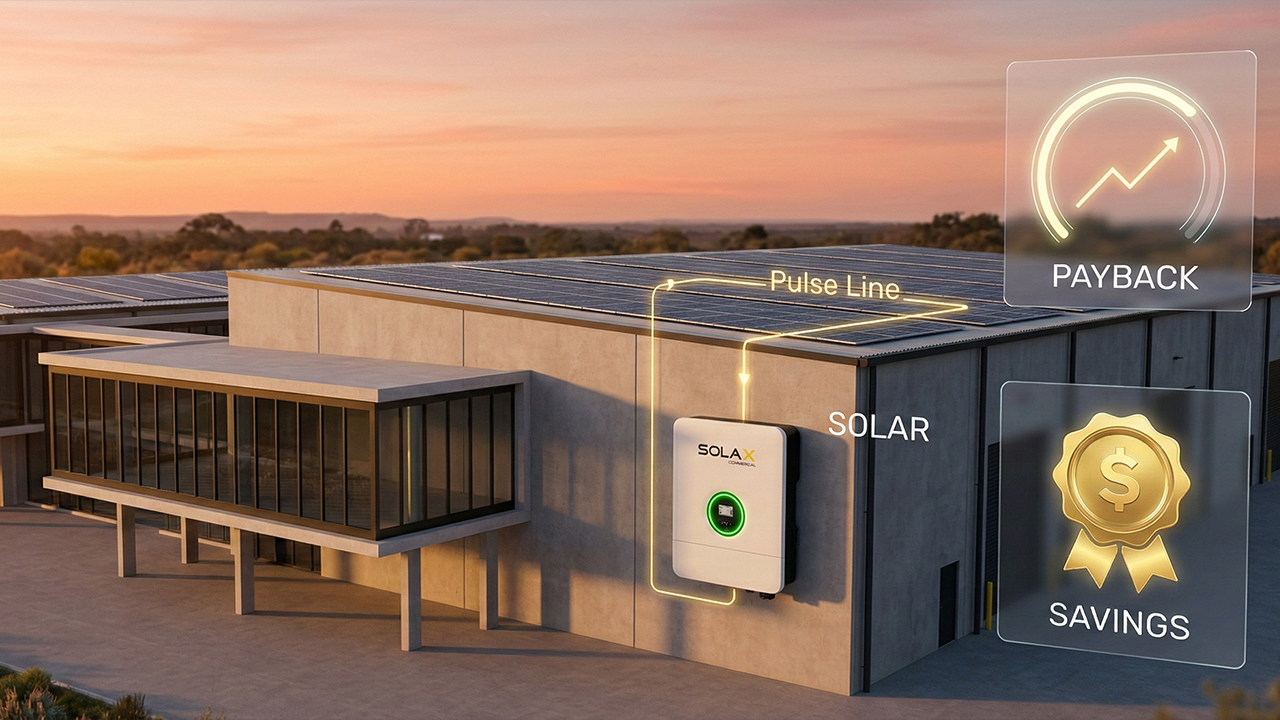 SolaX commercial inverter on a warehouse wall connected to rooftop solar panels with digital ROI and savings icons