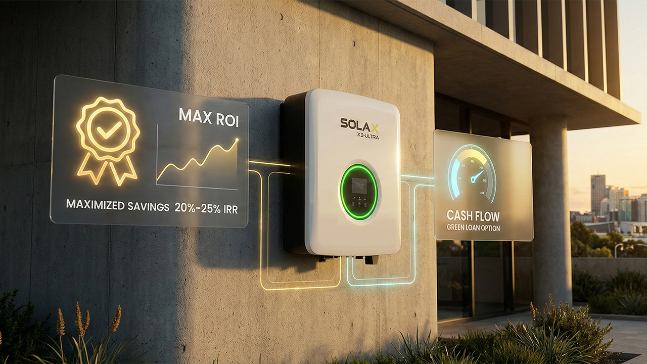 SolaX X3-ULTRA inverter for financing commercial solar with digital overlays showing 25% IRR and green loan options.