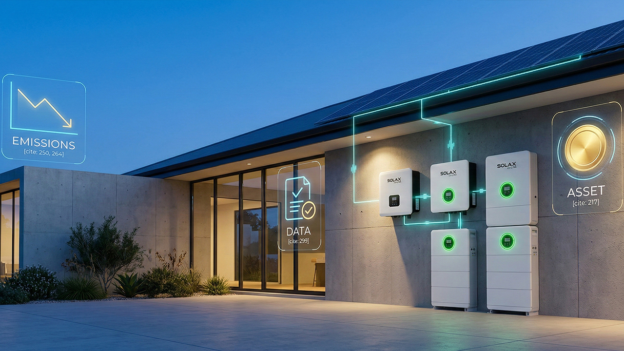 SolaX inverters and batteries on a modern building with digital data icons to meet solar and battery storage ESG targets.