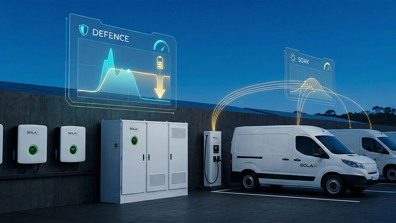SolaX commercial solar EV charging system powering an electric fleet with digital icons for demand defense and solar soak.