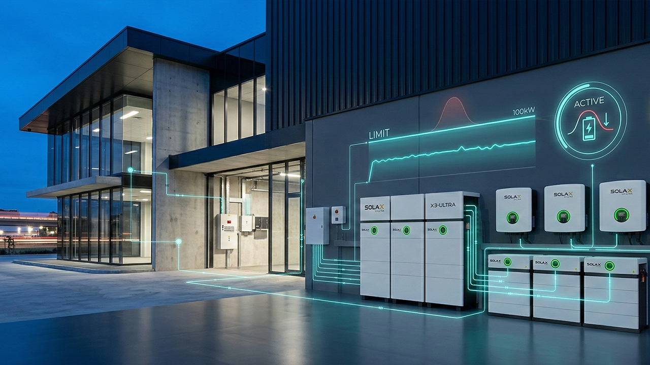 SolaX X3-ULTRA inverters and batteries performing peak lopping to reduce a demand charge on a commercial power bill.
