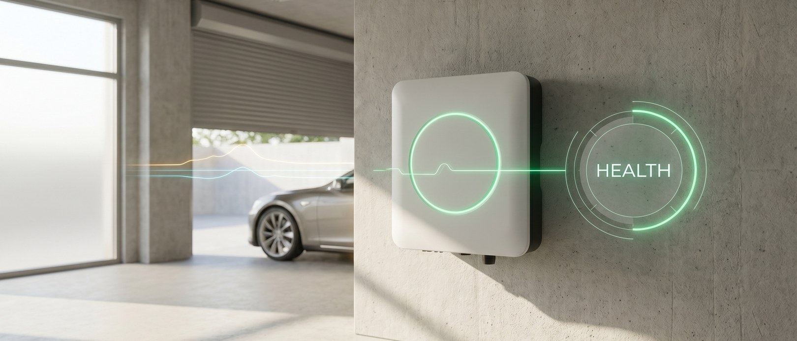 White SolaX inverter mounted on an Australian suburban home at crisp midday with a glowing green LED ring and a single floating HUD gauge labelled HEALTH
