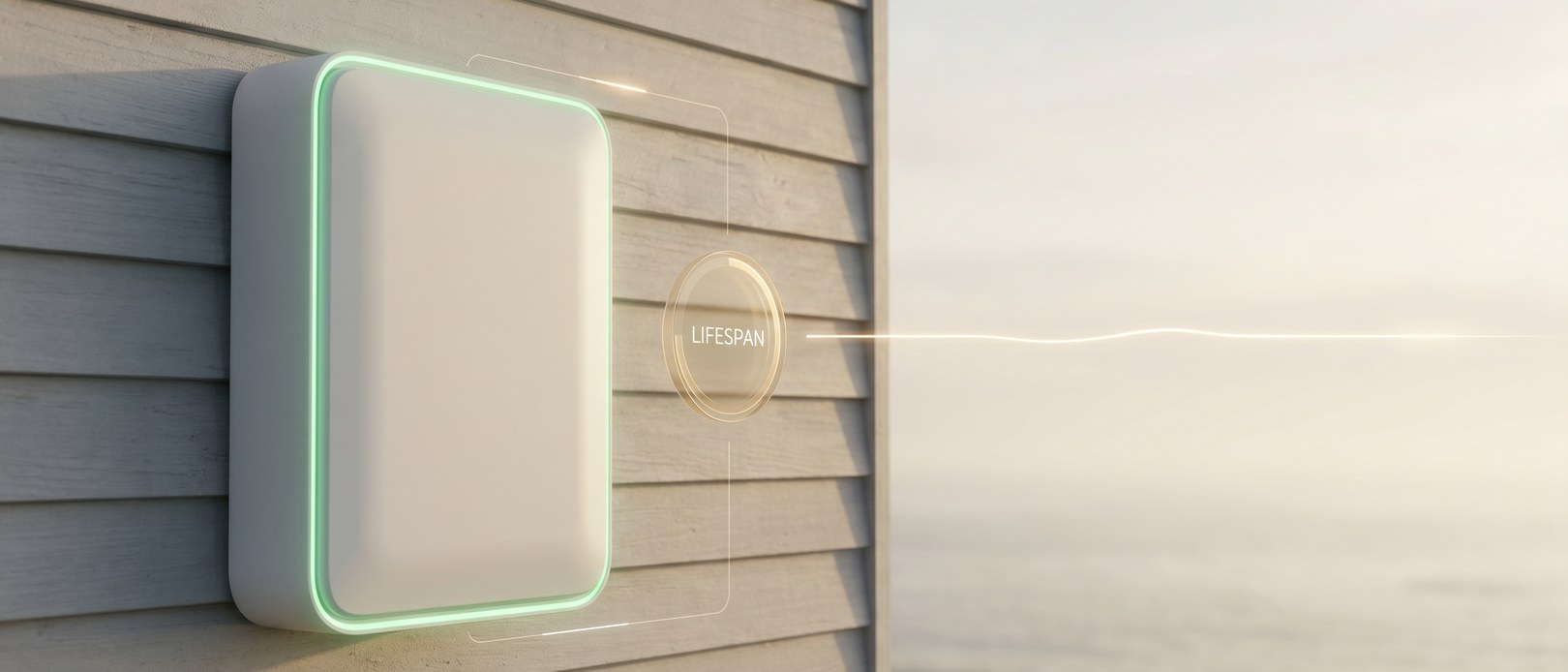 White SolaX hybrid inverter on a coastal Australian home at golden hour with a thin glowing trend line and a floating LIFESPAN label in warm afternoon light