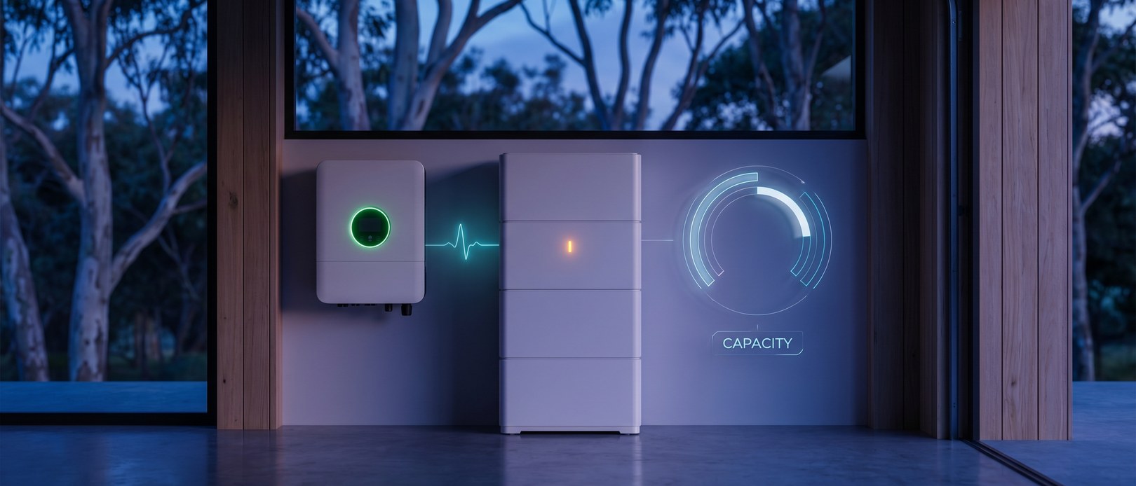 SolaX battery with green LED ring and floating warning gauge at twilight
