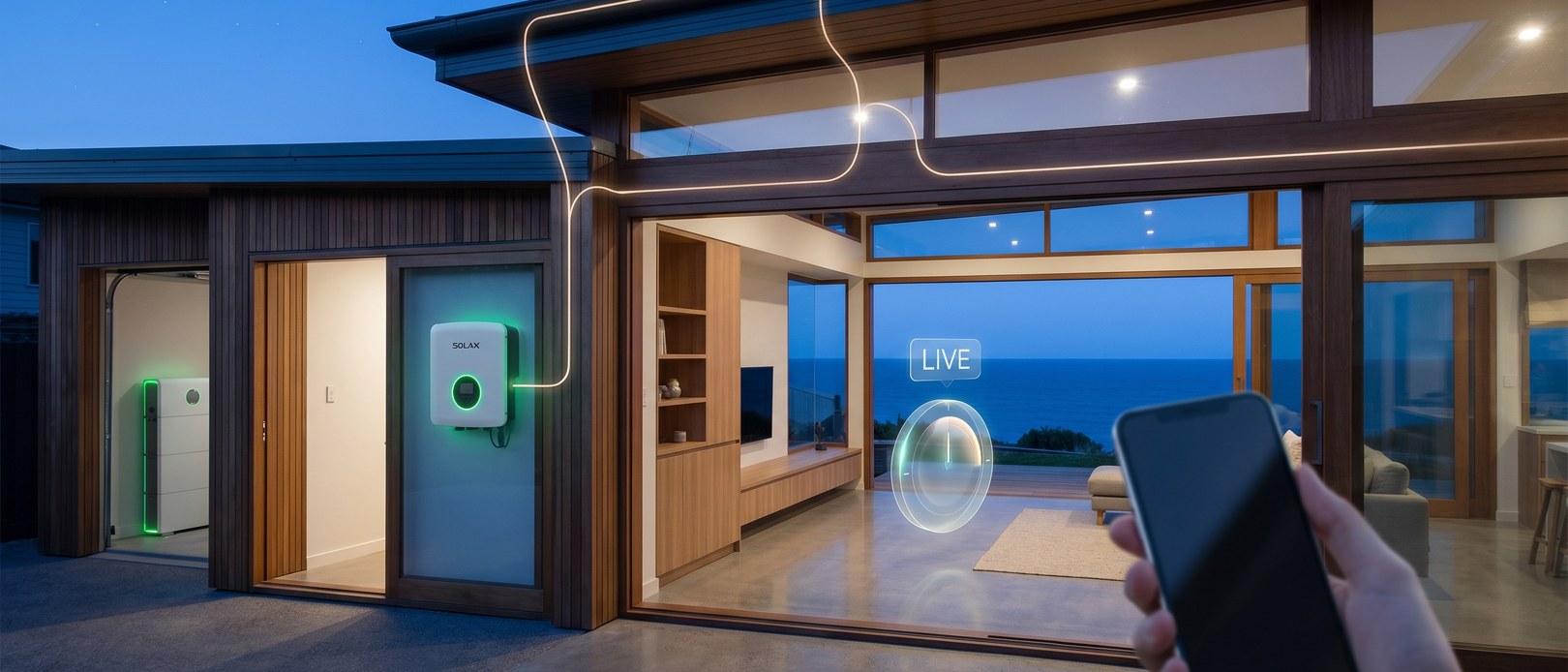 SolaX inverter with gold solar pulse lines and cyan usage indicator at midday