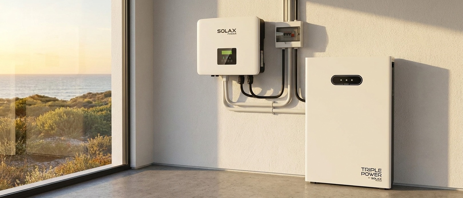 SolaX Power inverter mounted on the interior wall of an Australian suburban home under a bright blue midday sky.