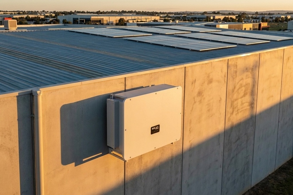 SolaX commercial string inverter mounted on warehouse wall with ESG compliance HUD overlay SolaX commercial string inverter mounted on warehouse wall with ESG compliance HUD overlay