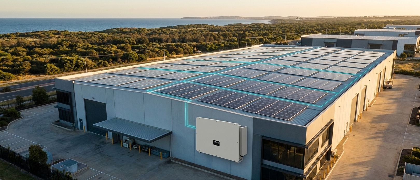 SolaX commercial string inverter mounted on industrial warehouse wall with solar panels above and golden ROI HUD overlay