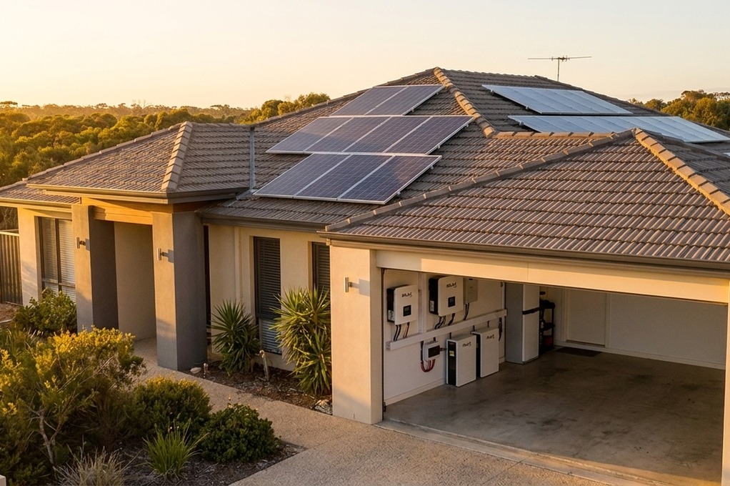 SolaX X1-Hybrid G4 Inverter mounted on home garage wall at golden hour, casting warm savings-era light