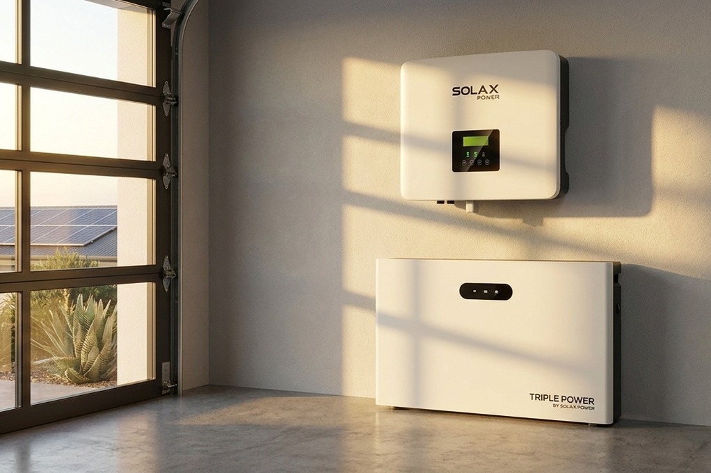 SolaX X1-Hybrid G4 Inverter mounted on interior home wall during golden hour with solar panels visible