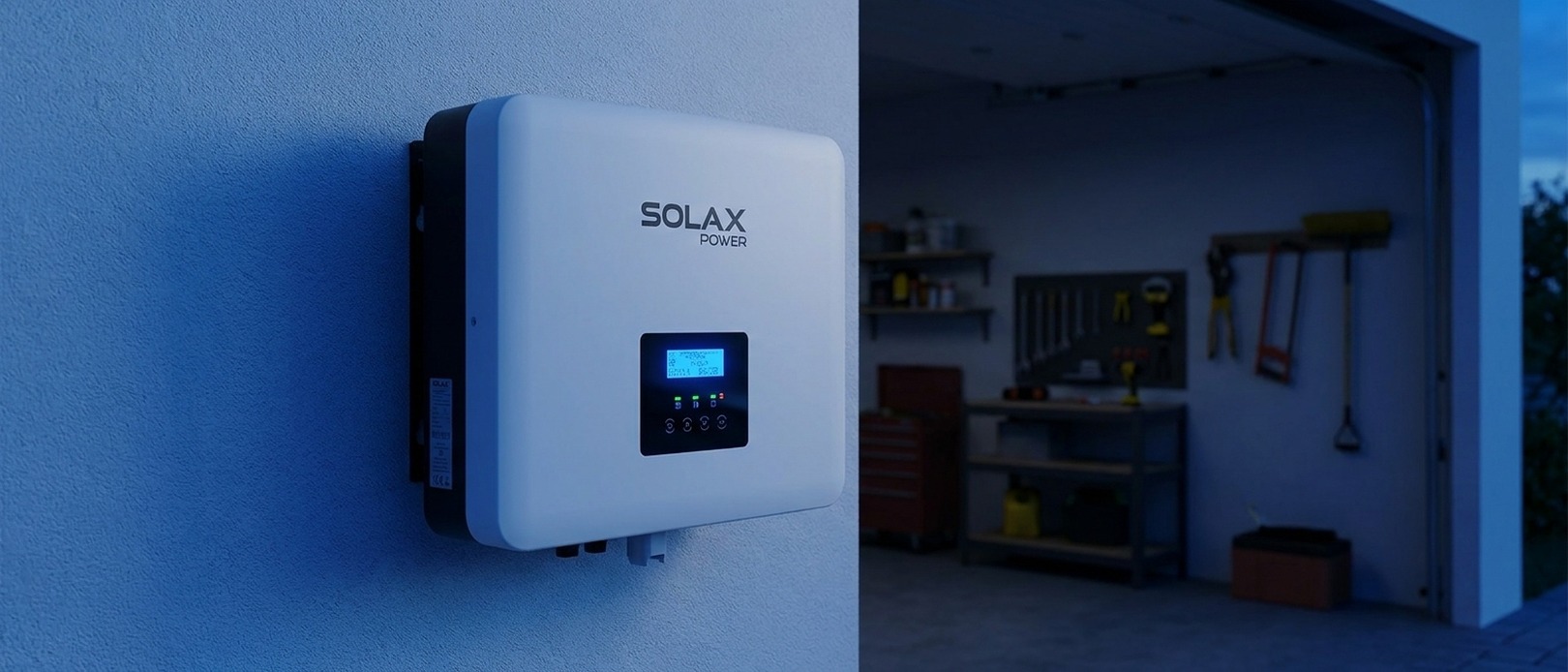 SolaX X1-Hybrid G4 Inverter mounted on garage wall displaying green status indicator