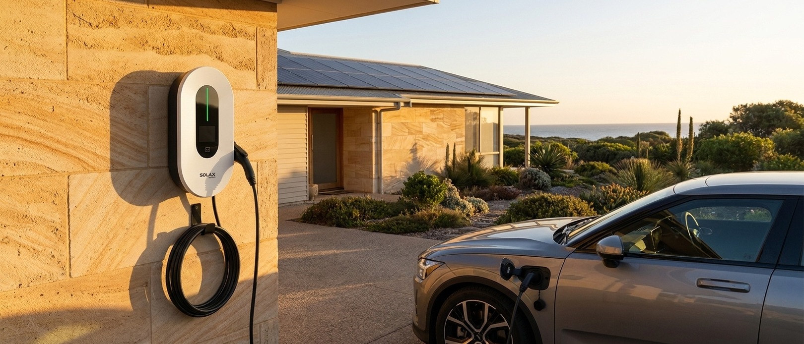 SolaX Smart EV Charger G2 mounted on garage wall with electric vehicle charging in background